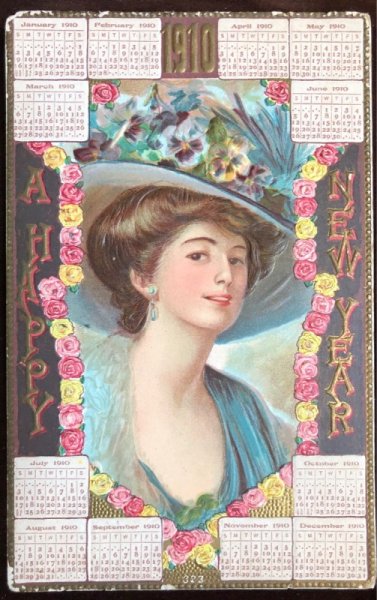 画像3: Postcard 　New Year　新年祝い　1910年　カレンダー　帽子の女性 (3)