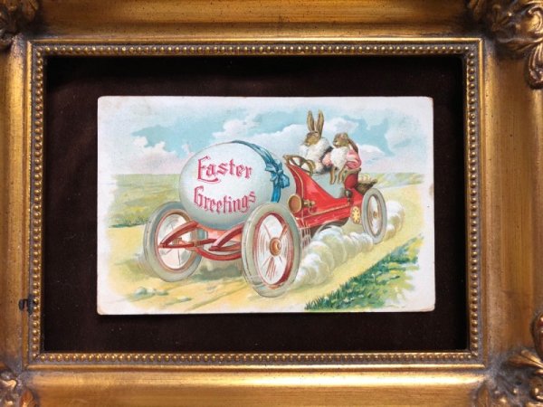 画像3: Postcard  イースター 大きな卵を自動車で運ぶウサギさん (3)