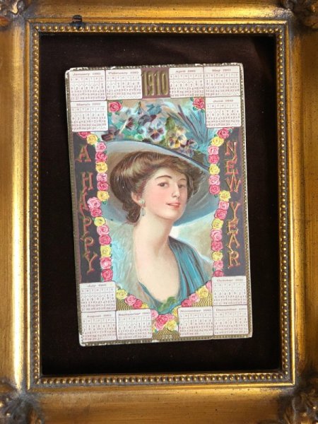 画像2: Postcard 　New Year　新年祝い　1910年　カレンダー　帽子の女性 (2)