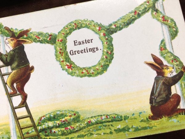 画像2: Postcard  イースター アーチの飾りをつけるウサギさんたち 1907年 (2)