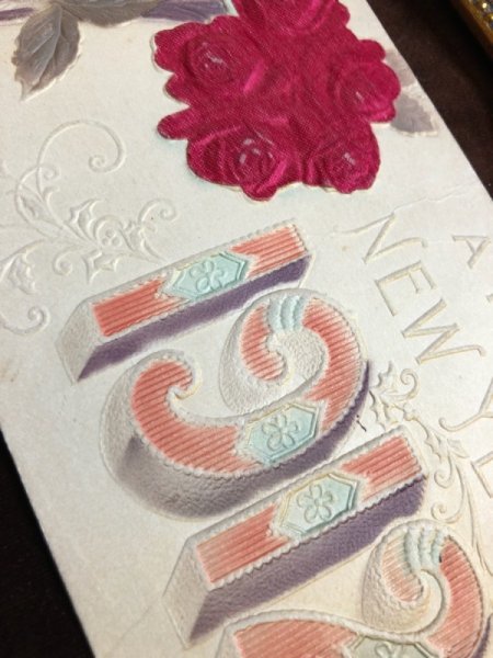 画像2: Postcard  新年祝い New Year バラのお花 シルク貼り 1912年 (2)