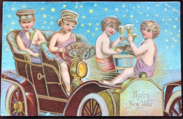 画像1: Postcard 　新年祝い　New Year 　お祝いをする子どもたち　自動車 1909年 (1)