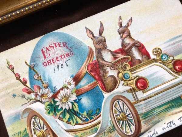 画像2: Postcard  イースター 大きな卵を自動車で運ぶウサギさん 1908年 (2)