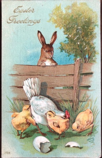 画像1: Postcard 　イースター　ニワトリとヒヨコを見つめるウサギ (1)
