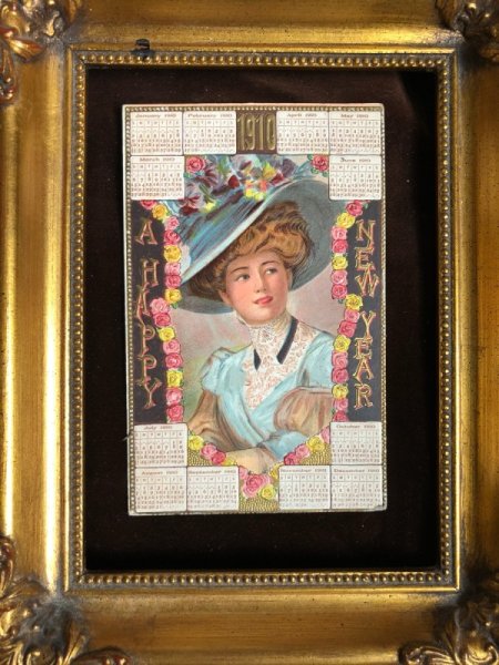 画像3: Postcard 　New Year　新年祝い　1910年　カレンダー　帽子の女性 (3)