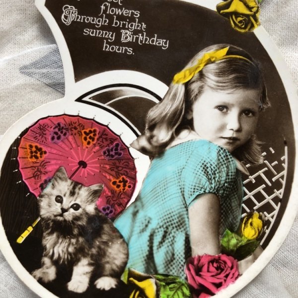 画像1: Postcard　5歳のバースデーカード　子猫と女の子　ダイカット　イギリス (1)