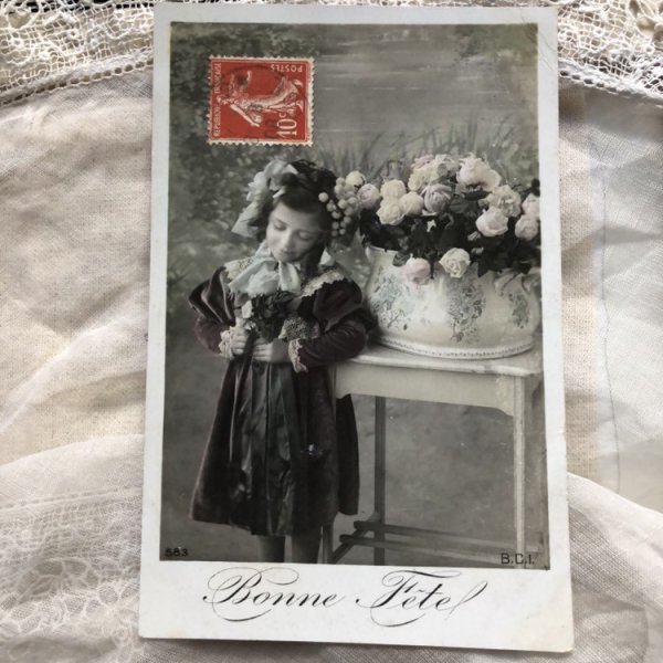 画像3: Postcard 薔薇のお花と女の子 レース フランス1908年 (3)