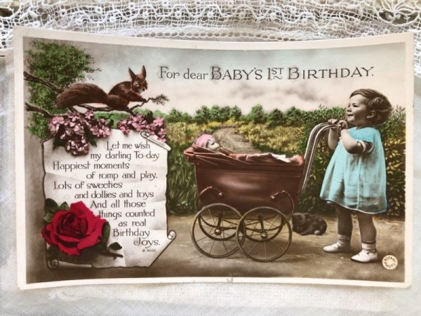 画像2: Postcard 乳母車を押す女の子とリス お人形 1933年 (2)