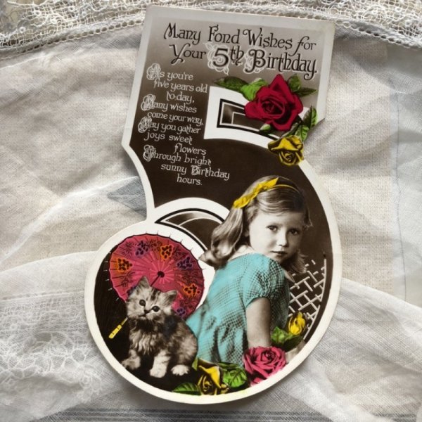 画像2: Postcard 5歳のバースデーカード 子猫と女の子 ダイカット イギリス (2)