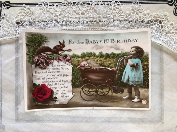 画像3: Postcard 乳母車を押す女の子とリス お人形 1933年 (3)