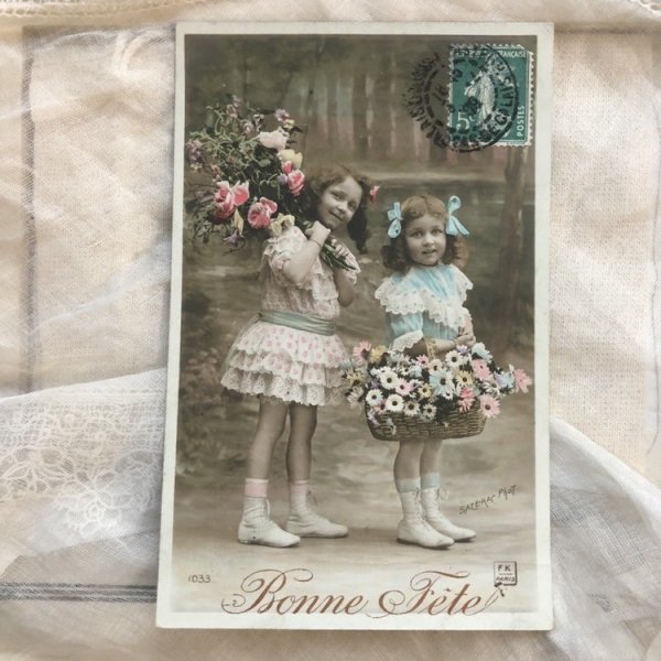 画像2: Postcard お花籠と女の子 パニエ フランス1909年 (2)