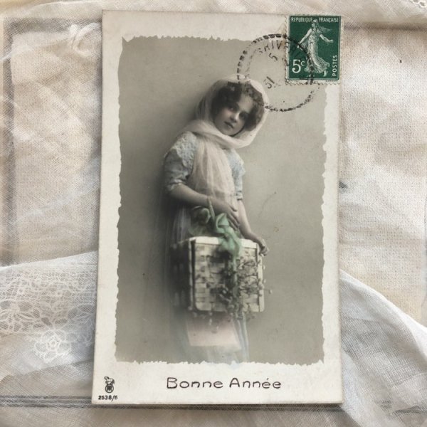 画像2: Postcard バスケットと女の子 フランス1911年 (2)