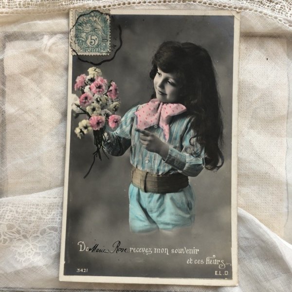 画像2: Postcard お花と女の子 フランス1908年 (2)