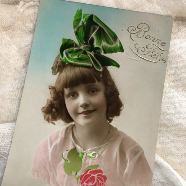 画像1: Postcard　リボンの女の子　フランス 1922年 (1)