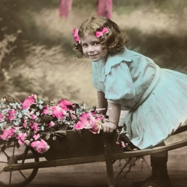 画像1: Postcard　お花の一輪車と女の子　フランス1909年 (1)