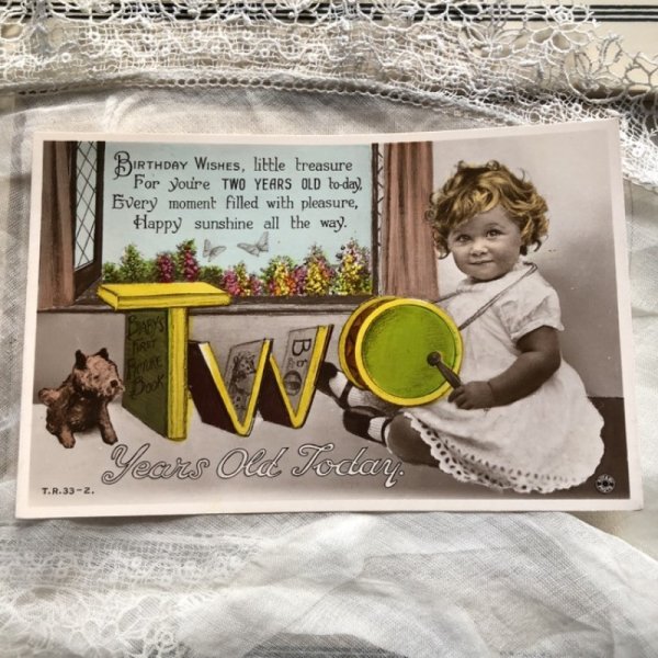 画像2: Postcard ドラムをたたく女の子 犬のぬいぐるみ イギリス1934年 (2)