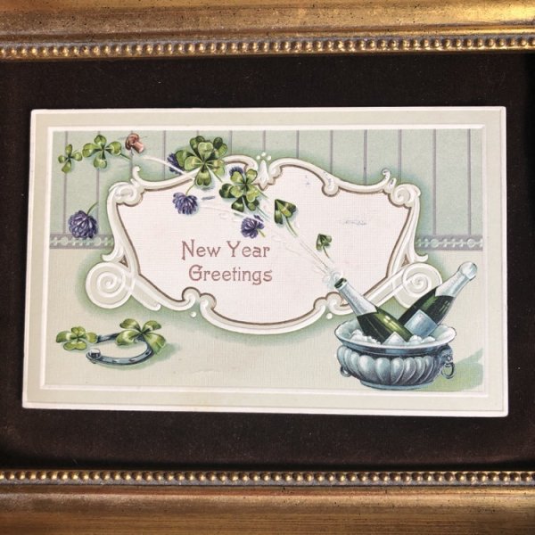 画像2: Postcard 新年祝い New Year  シャンパンから飛び出すキノコと四葉のクローバー 1912年 (2)