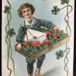 画像1: Postcard　新年祝い　New Year キノコと四葉クローバーを運ぶセーラー服の男の子　ベルギー1918年 (1)