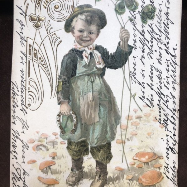 画像3: Postcard 新年祝い New Year 馬蹄と四葉のクローバーを持つ男の子 キノコ ドイツ1903年 (3)