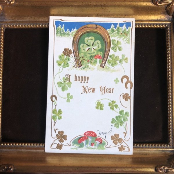 画像1: Postcard　新年祝い　New Year  キノコと四葉のクローバー (1)
