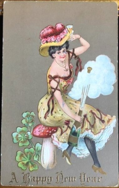 画像1: Postcard　　新年祝い　New Year　シャンパンを開ける女性　キノコ　四葉　馬蹄  (1)