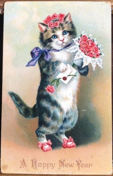 画像1: Postcard　New Year　手紙と薔薇のお花を持つ猫ちゃん　1909年　 (1)