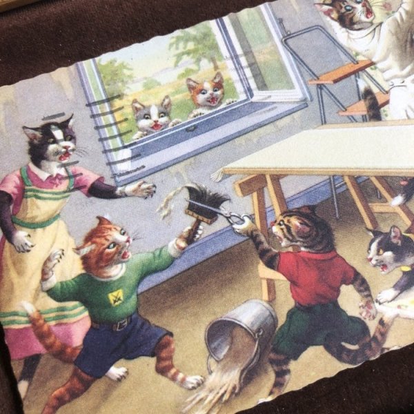 画像2: Postcard お部屋の改装中 壁紙を貼る猫たち Mainzer cat  (2)