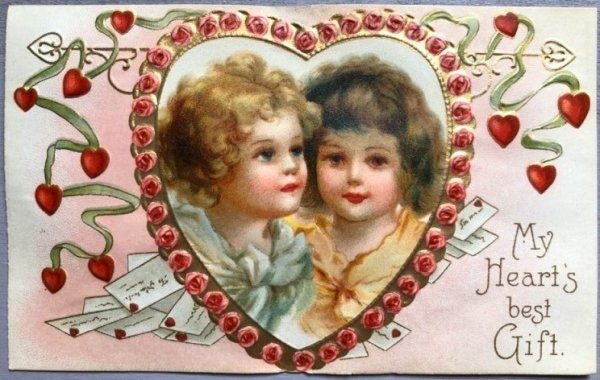 画像1: ▼SALE 500▼  Postcard　バレンタイン　2人の女の子　ハート　　Ellen Clapsaddle 未使用 (1)