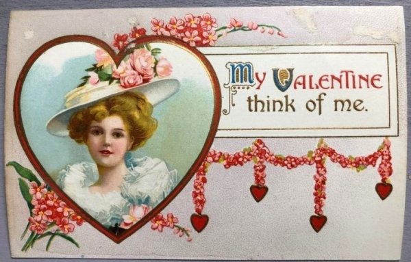 画像1: ▼SALE 500▼  Postcard　バレンタイン　ハート　お花の帽子の女性　Ellen Clapsaddle (1)