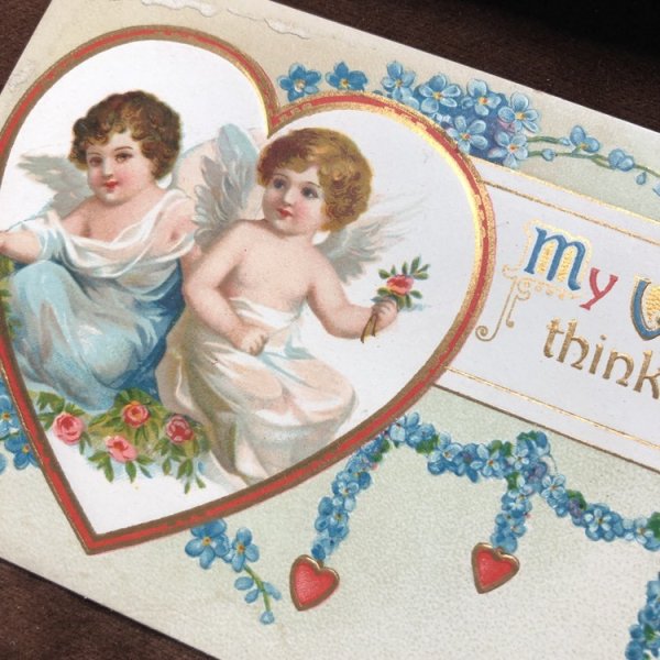 画像2: ▼SALE 500▼  Postcard バレンタイン ハート 天使 忘れな草のお花 Ellen Clapsaddle 未使用 (2)