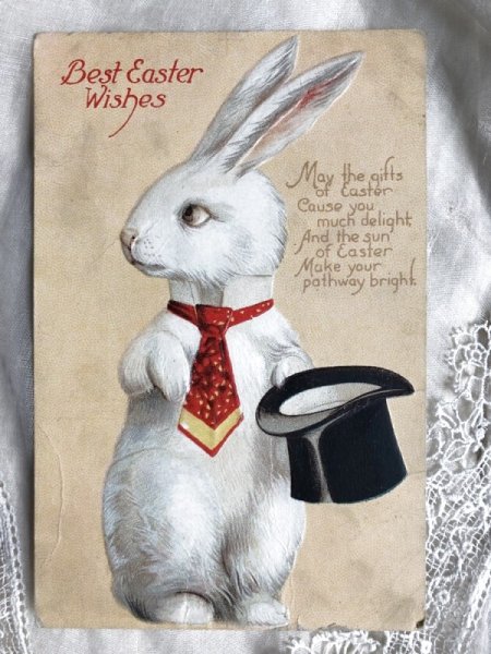 画像1: Postcard　イースター　シルクハットとネクタイのウサギさん　 Ellen Clapsaddle (1)