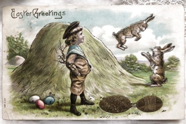画像1: Postcard　イースター　遊ぶウサギを見ているセーラー服の男の子　1909年 (1)