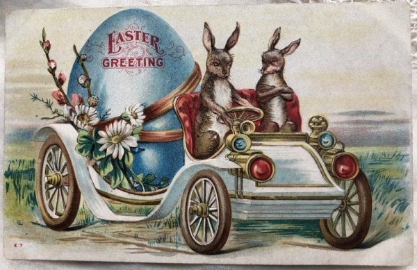 画像1: Postcard　イースター　自動車で大きな卵を運ぶウサギさん　未使用 (1)