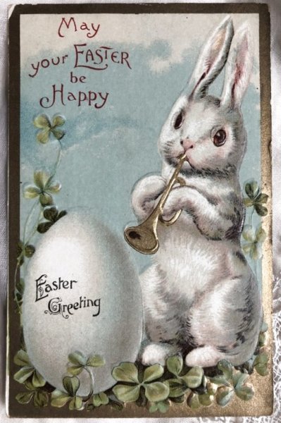 画像1: Postcard　イースター　金色のラッパを吹くウサギさん　トランペット　 Ellen Clapsaddle　 (1)