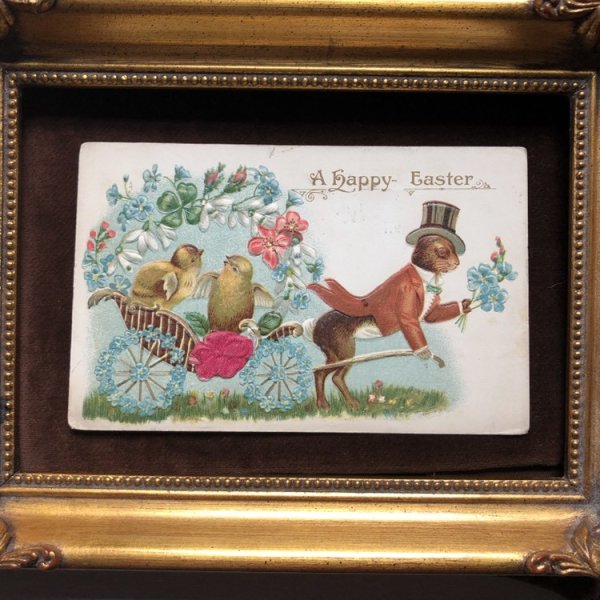 画像3: Postcard イースター シルクハットのウサギさんのリキシャ ひよこ シルク貼り 1911年 (3)