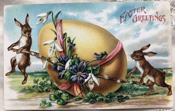 画像1: Postcard　イースター　大きな卵を運ぶウサギさん (1)