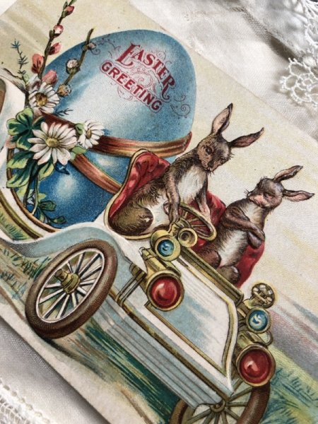 画像2: Postcard イースター 自動車で大きな卵を運ぶウサギさん 未使用 (2)