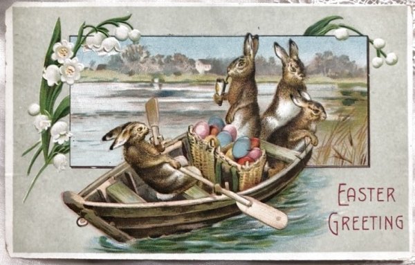 画像1: Postcard　イースター　卵とボートに乗るウサギさん　船　スズラン　1909年 (1)
