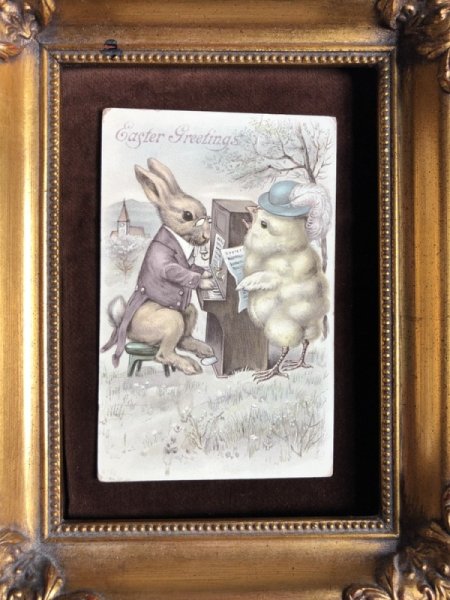 画像3: Postcard イースター ウサギのピアニストさんと歌うヒヨコさん 1912年 (3)
