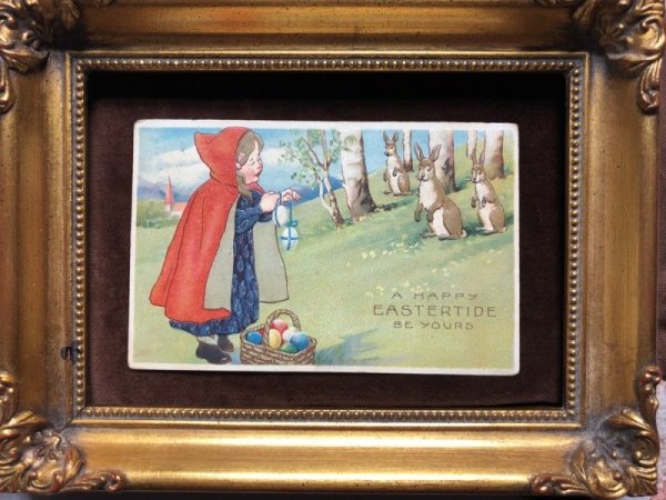 画像2: Postcard イースター 赤ずきんちゃん風の女の子とウサギさん 1909年 (2)
