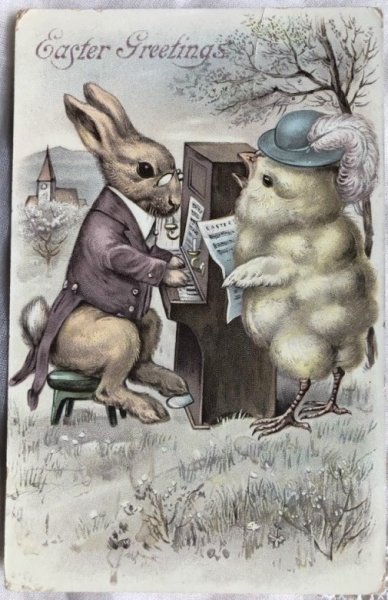 画像1: Postcard　イースター　ウサギのピアニストさんと歌うヒヨコさん　1912年 (1)