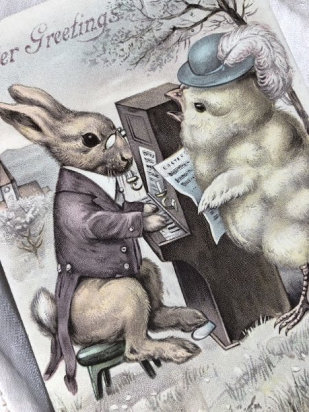 画像2: Postcard イースター ウサギのピアニストさんと歌うヒヨコさん 1912年 (2)