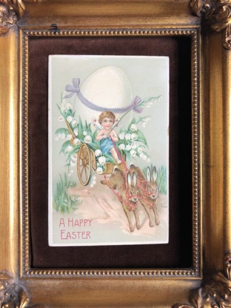 画像3: Postcard イースター ウサギの車に乗って大きな卵とスズランのお花を運ぶ天使 未使用 (3)