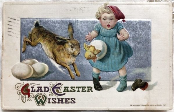 画像1: Postcard　イースター　飛び出すヒヨコとウサギに驚く女の子 (1)