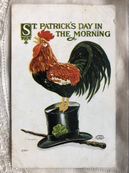 画像1: ▼SALE 500▼ Postcard　St Patrick's day　ニワトリとシルクハットと四葉クローバー (1)