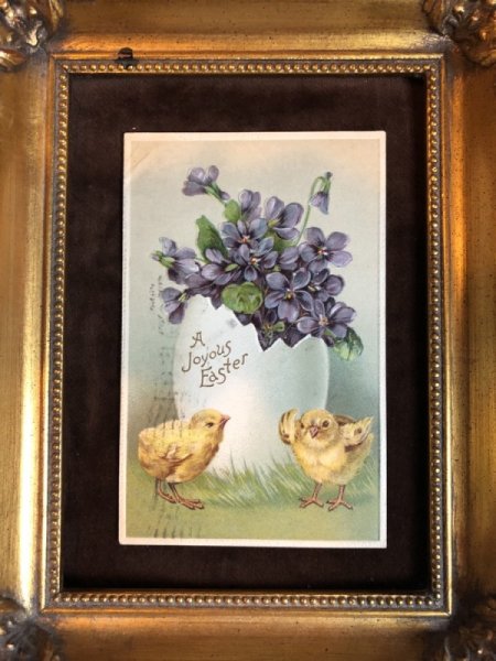 画像3: Postcard イースター スミレのお花の入った大きな卵とヒヨコさん 1910年 (3)
