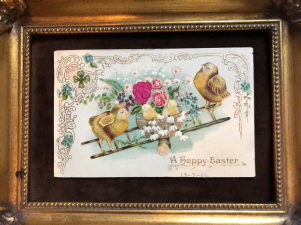 画像3: Postcard イースター ヒヨコとお花 バラ スノードロップ シルク貼り 1908年 (3)