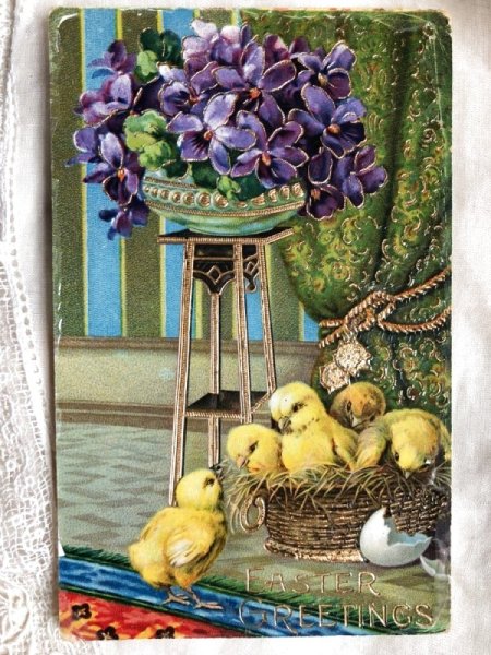 画像1: ▼SALE 500▼ Postcard　イースター　スミレのお花とヒヨコ (1)