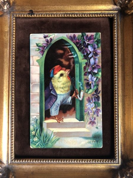 画像3: Postcard イースター 煙管タバコをふかすヒヨコさん スミレのお花 1910年 (3)