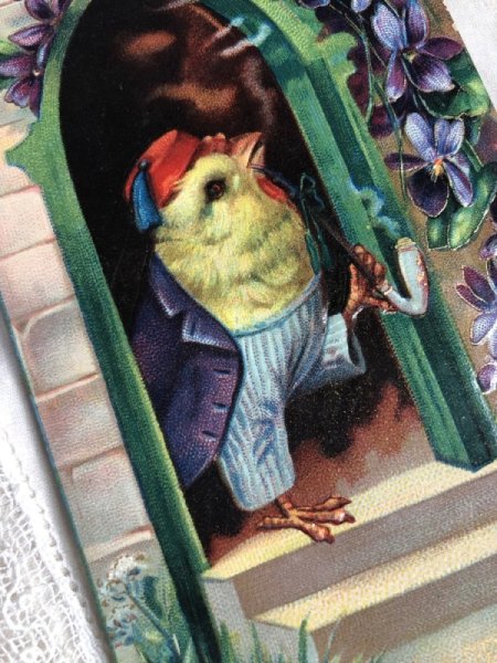 画像2: Postcard イースター 煙管タバコをふかすヒヨコさん スミレのお花 1910年 (2)